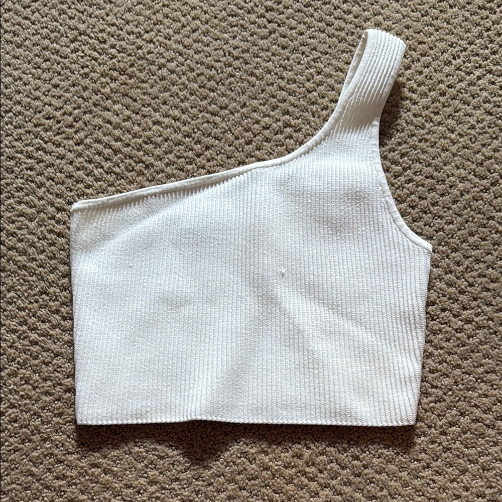 White Ribbed One-Shoulder Cropped Top